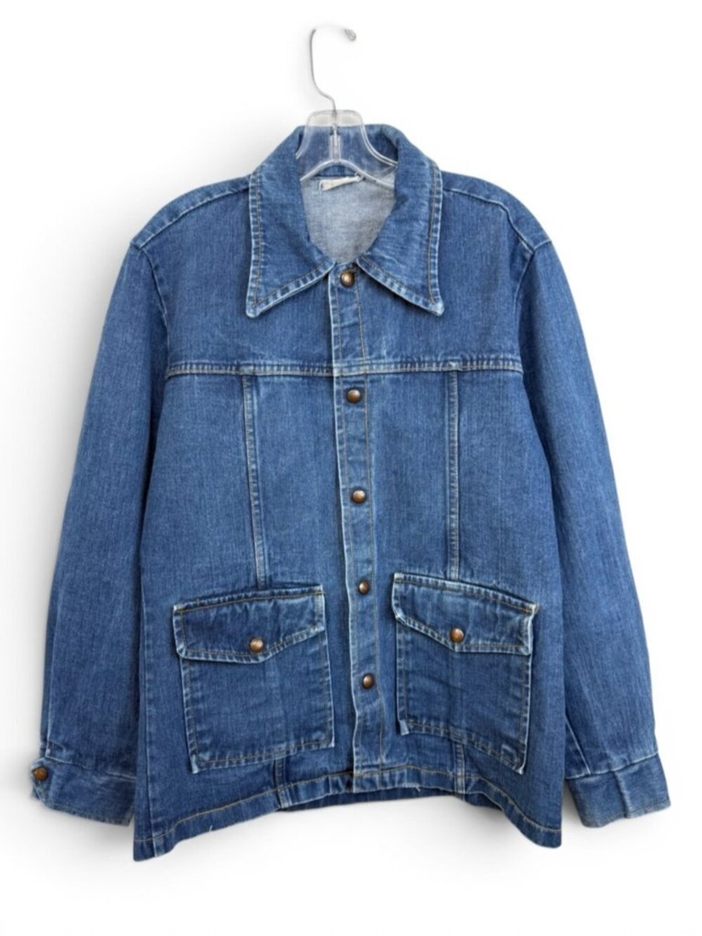 Vintage 70s Denim Jacket Chore Coat Size Medium Blue Jean Olympic